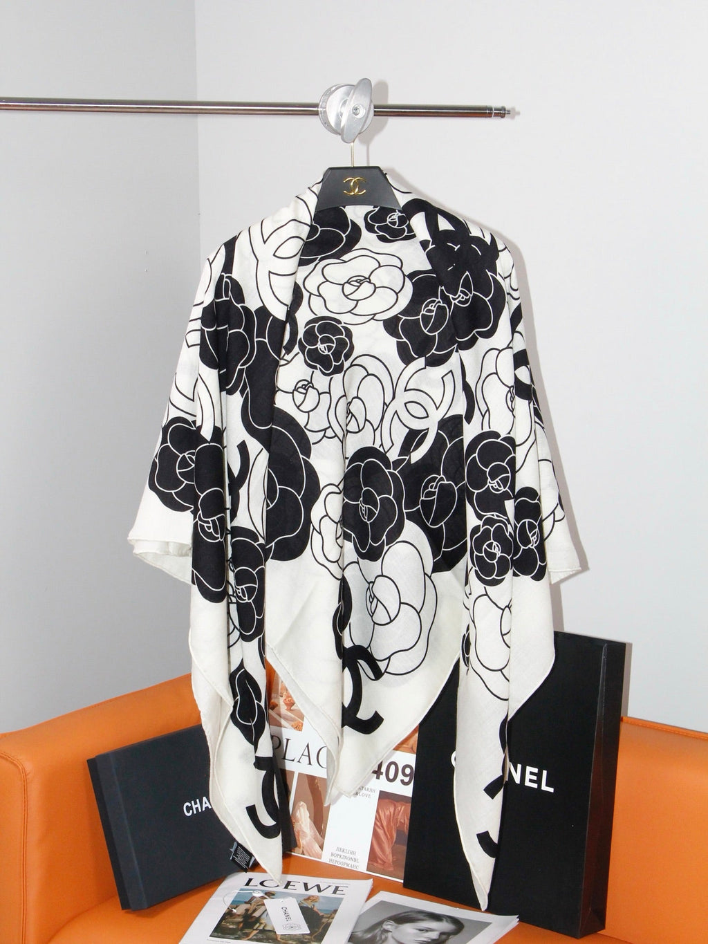 Chanel Style Camellia Velvet Shawl - White Black - Detail Image 6
