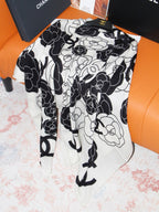 Chanel Style Camellia Velvet Shawl - White Black - Detail Image 7