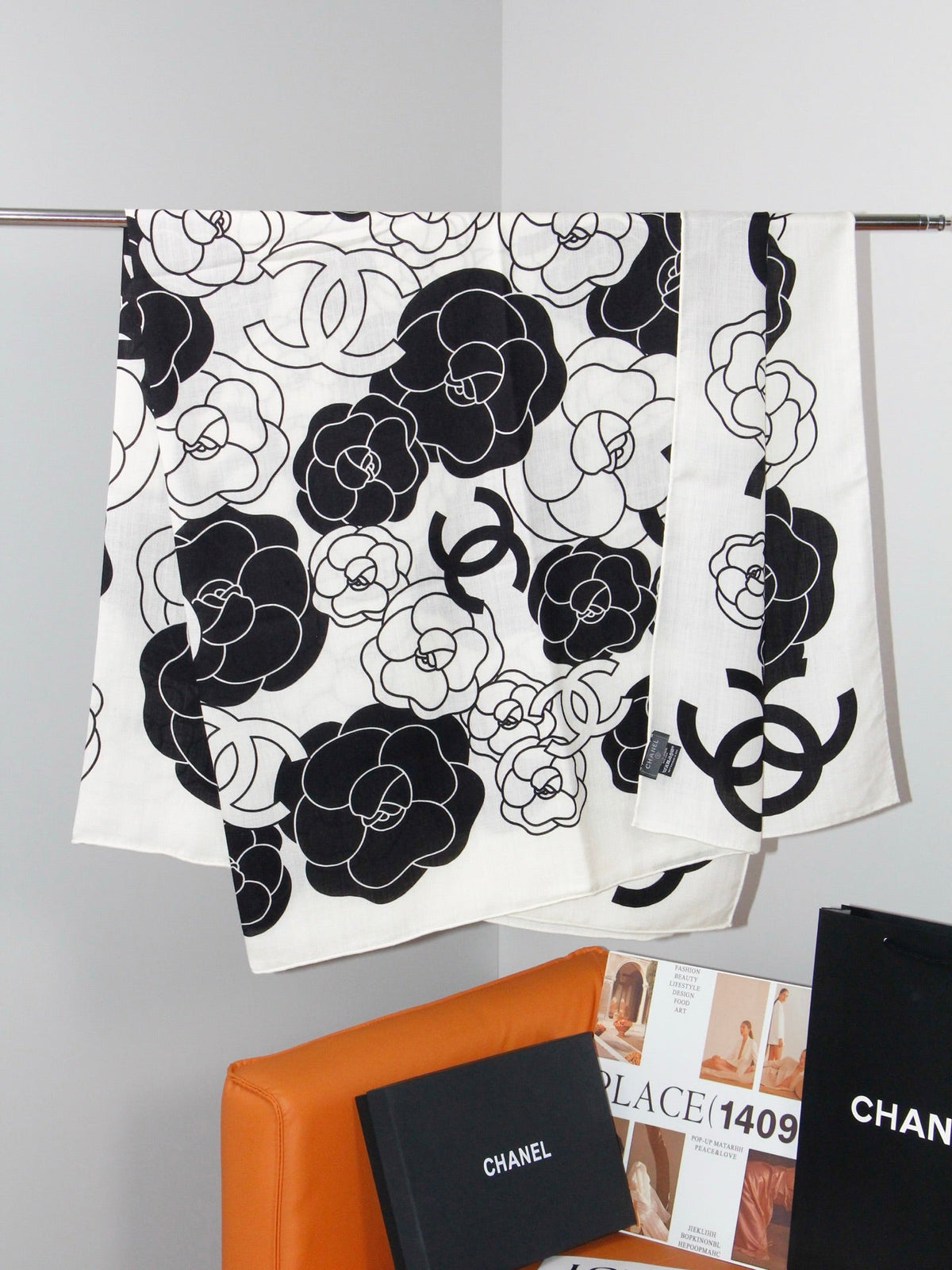 Chanel Style Camellia Velvet Shawl - White Black - Detail Image 8