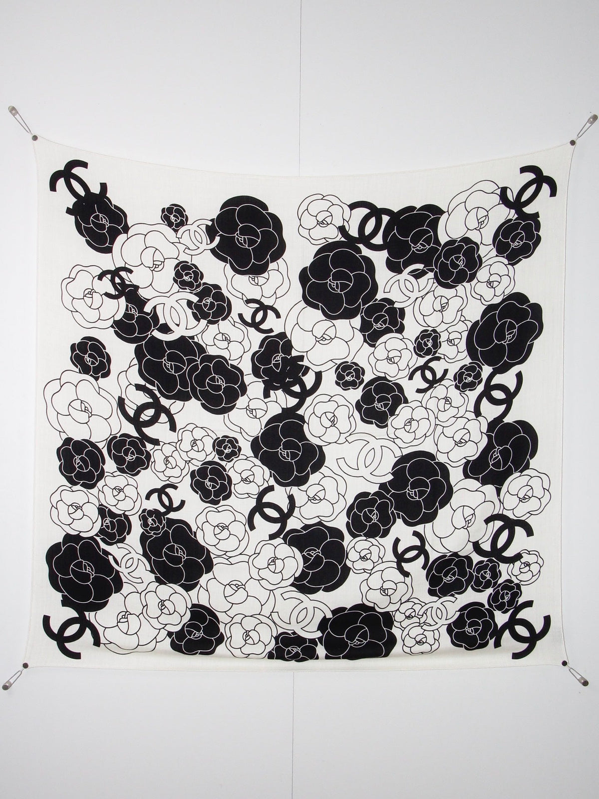 Chanel Style Camellia Velvet Shawl - White Black - Detail Image 9