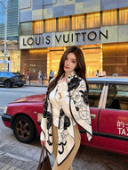 Chanel Style Camellia Velvet Shawl - White Black - Model Worn Main Image