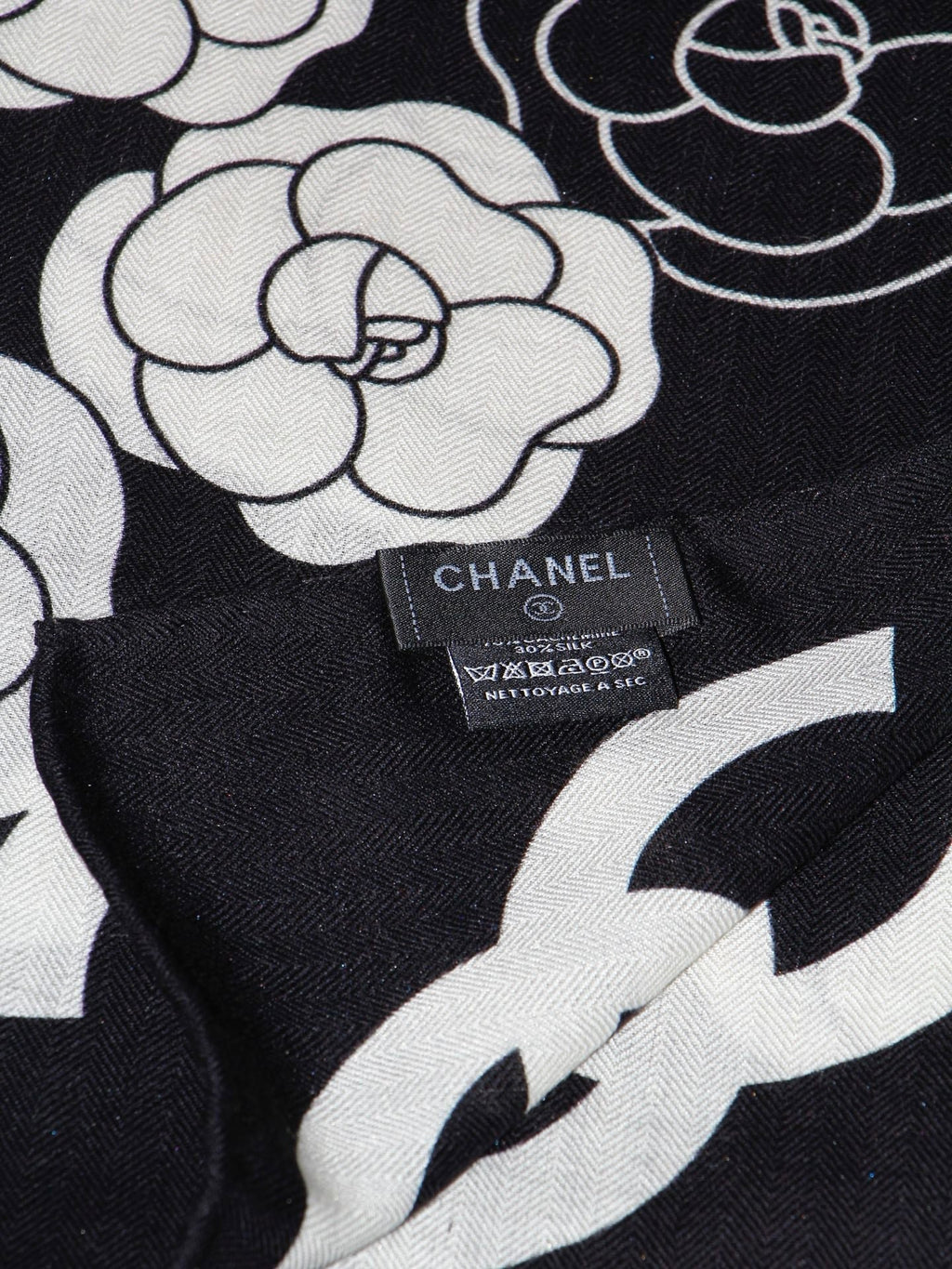 Chanel Style Camellia Velvet Shawl - Black White - Detail Image 4