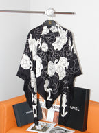 Chanel Style Camellia Velvet Shawl - Black White - Detail Image 6