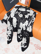 Chanel Style Camellia Velvet Shawl - Black White - Detail Image 7