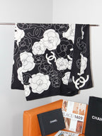 Chanel Style Camellia Velvet Shawl - Black White - Detail Image 8