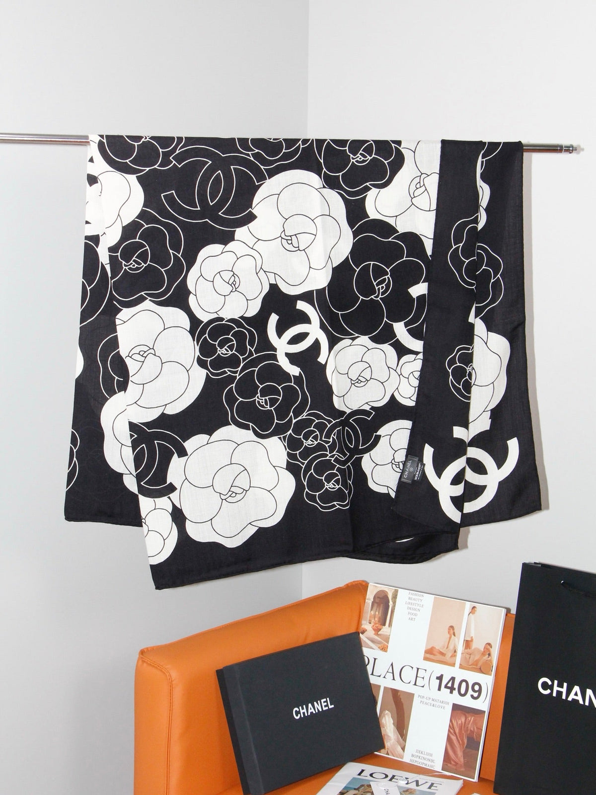 Chanel Style Camellia Velvet Shawl - Black White - Detail Image 8