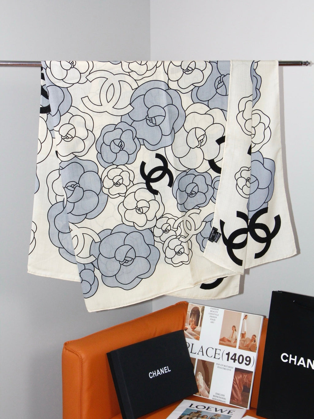 Chanel Style Camellia Velvet Shawl - Light Blue - Detail Image 8