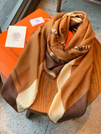 Hermes Style Equestrian Cashmere Silk Shawl - Brown - Detail Image 4