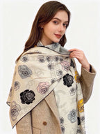 Chanel Style Camellia Velvet Shawl - Ivory - Detail Image 2