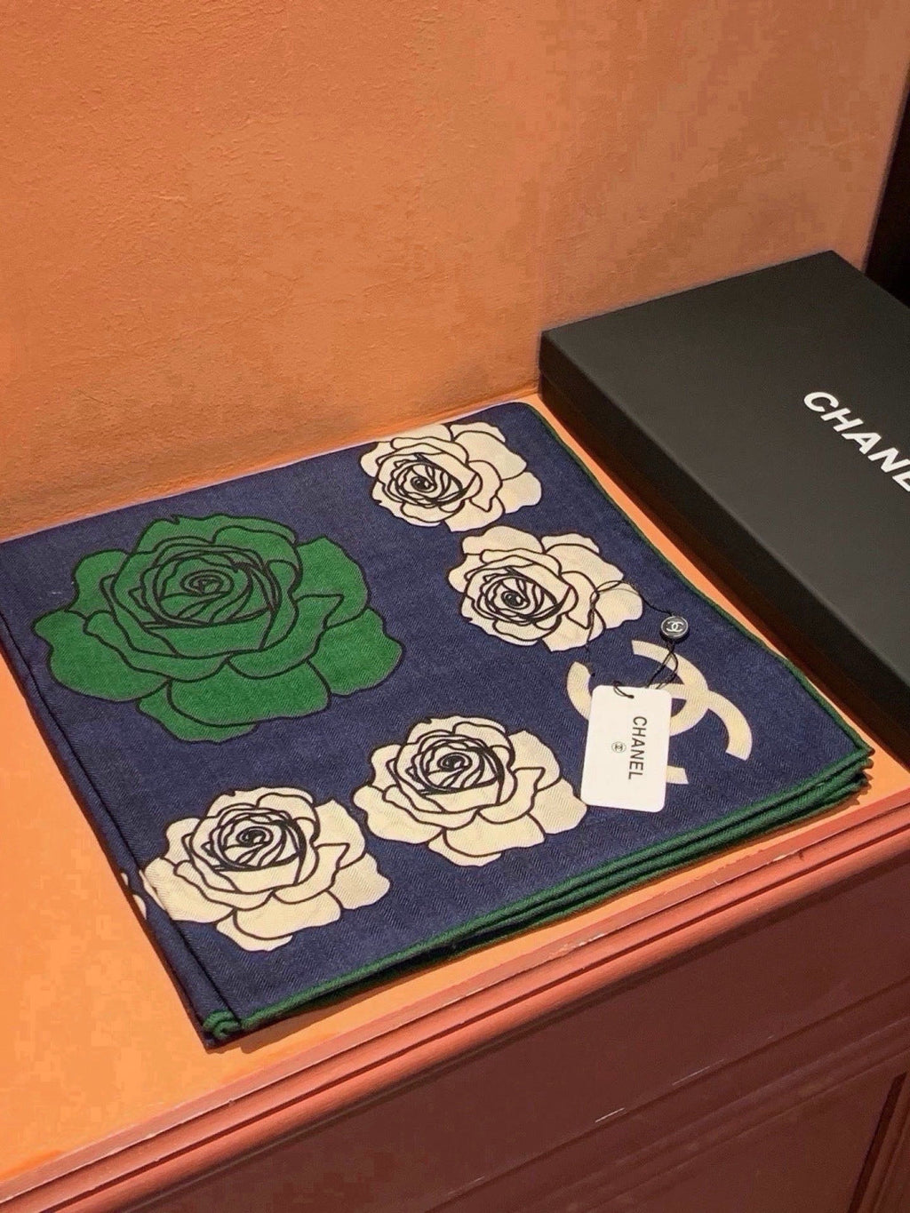 Chanel Style Camellia Velvet Scarf - Navy - Detail Image 2