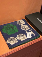 Chanel Style Camellia Velvet Scarf - Navy - Detail Image 2