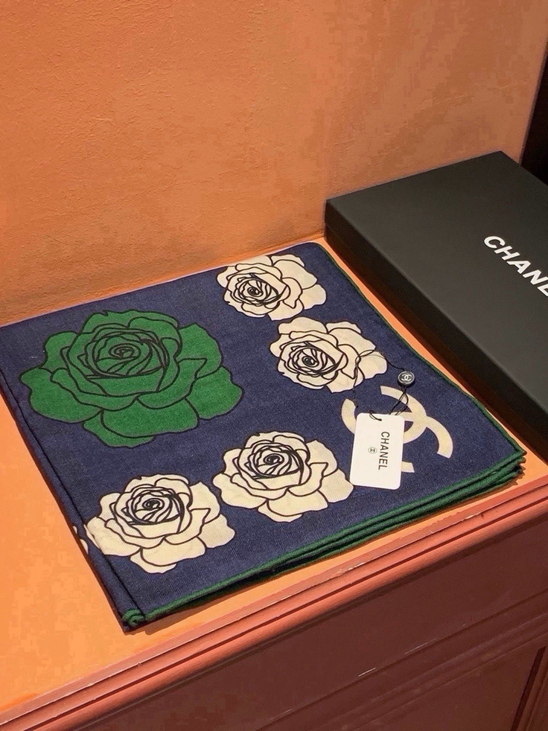 Chanel Style Camellia Velvet Scarf - Navy - Detail Image 2