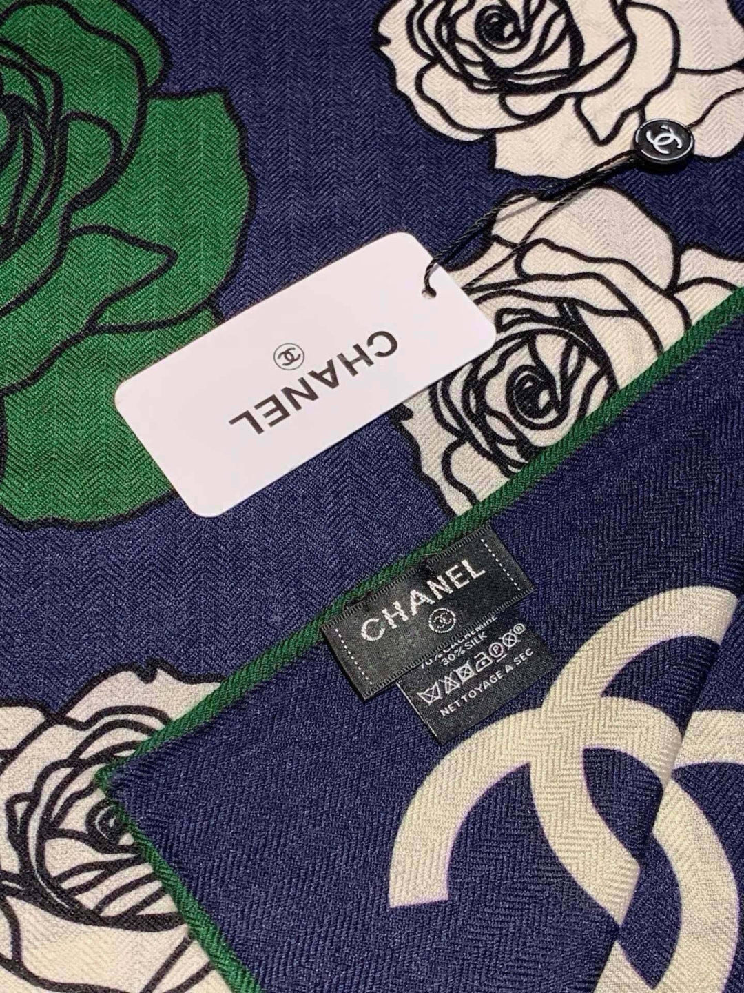 Chanel Style Camellia Velvet Scarf - Navy - Detail Image 4