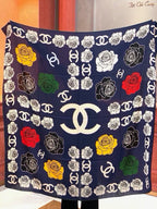 Chanel Style Camellia Velvet Scarf - Navy - Detail Image 7