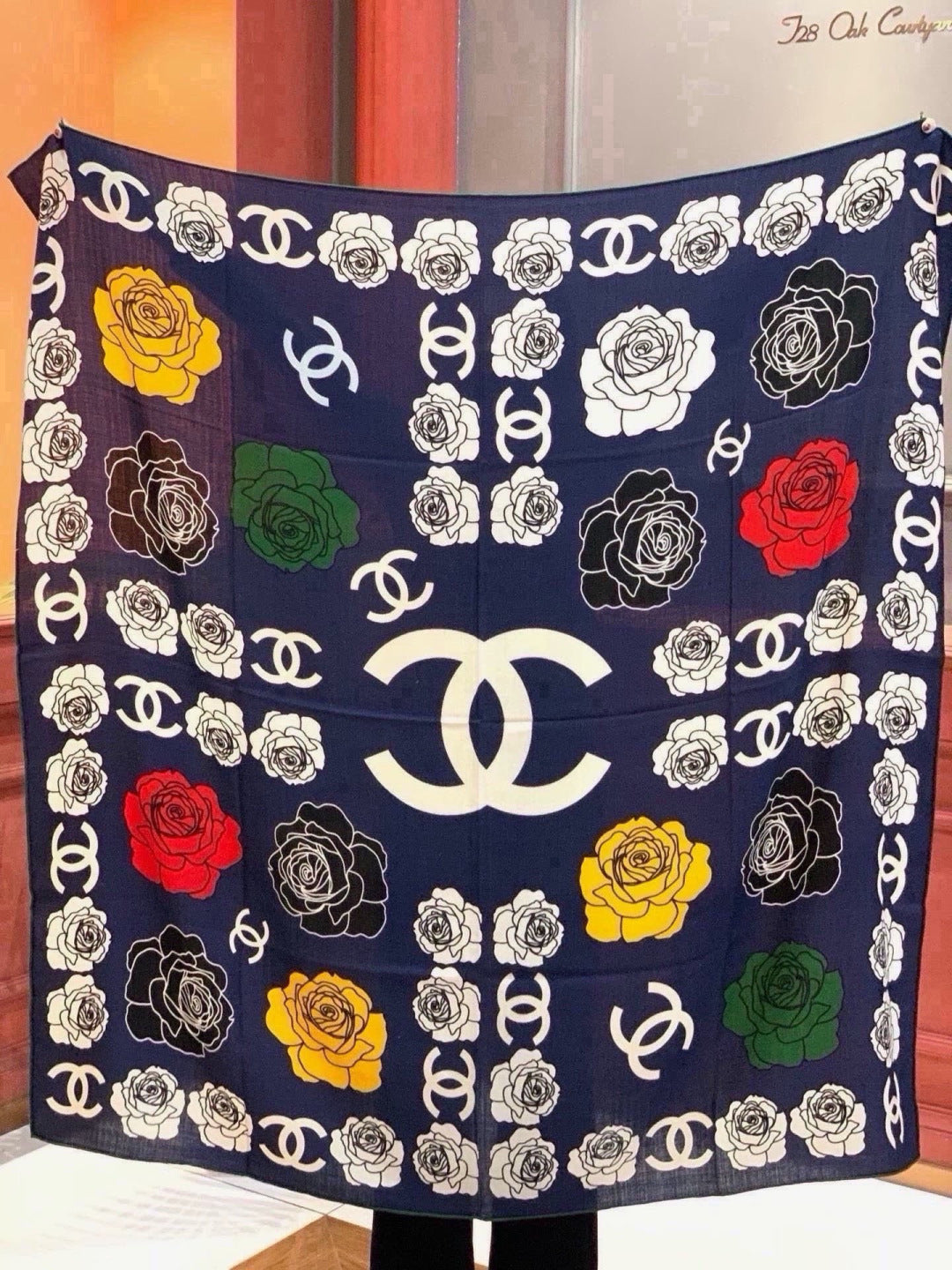 Chanel Style Camellia Velvet Scarf - Navy - Detail Image 7