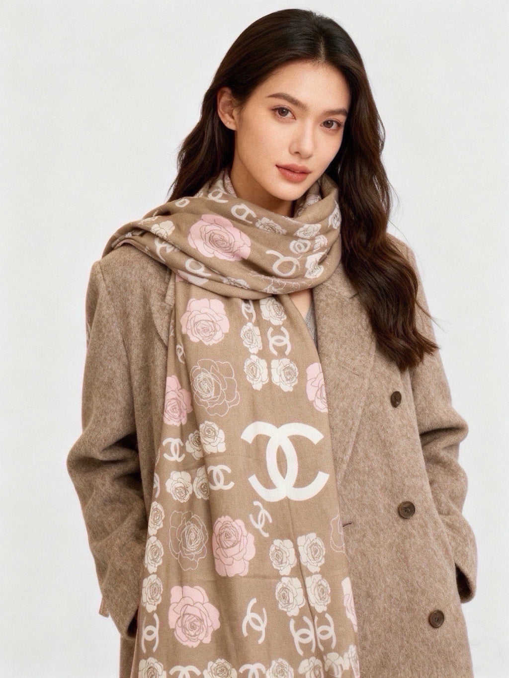 Chanel Style Camellia Velvet Scarf - Beige - Detail Image 2