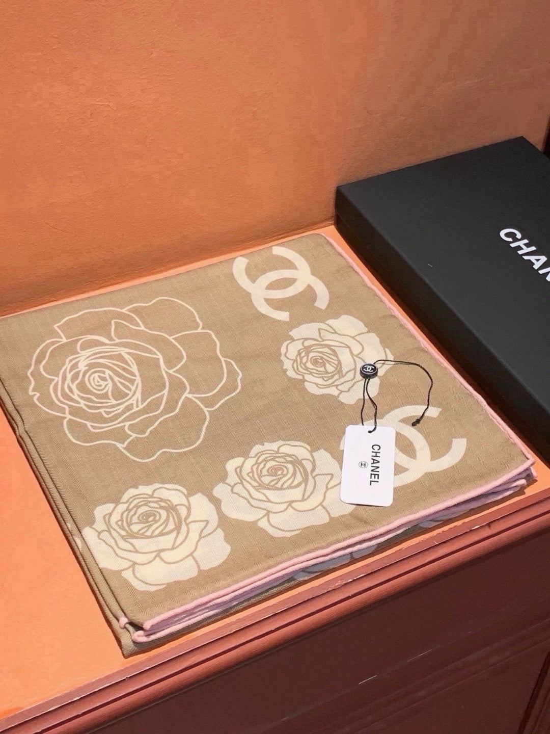 Chanel Style Camellia Velvet Scarf - Beige - Detail Image 3