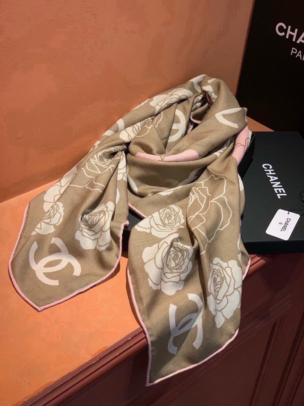 Chanel Style Camellia Velvet Scarf - Beige - Detail Image 4