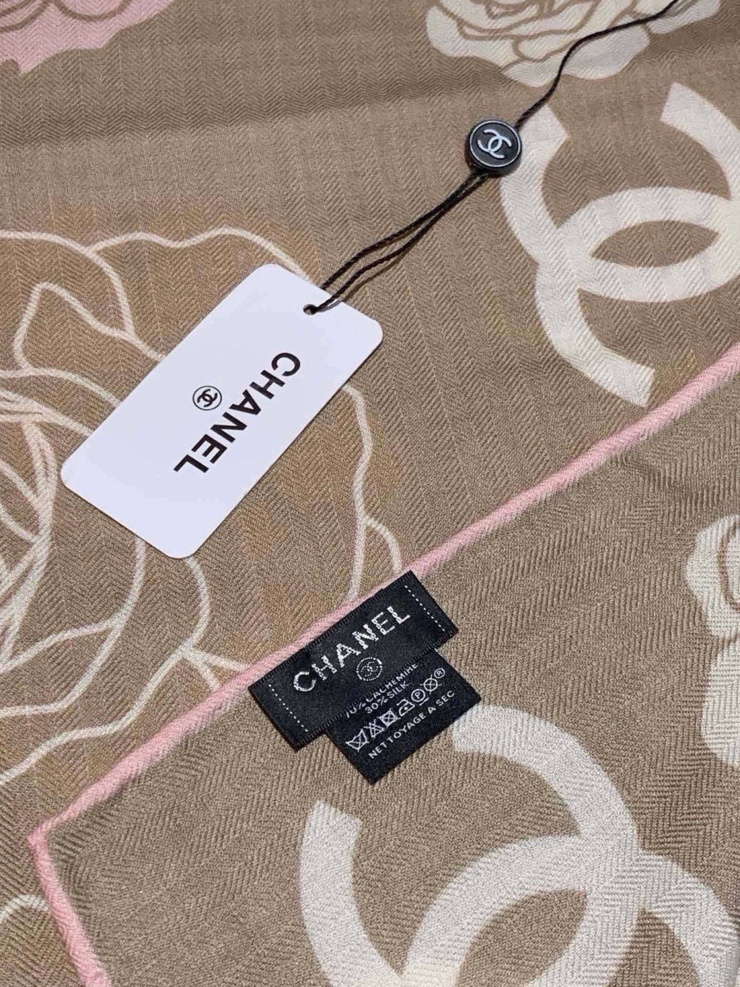 Chanel Style Camellia Velvet Scarf - Beige - Detail Image 6
