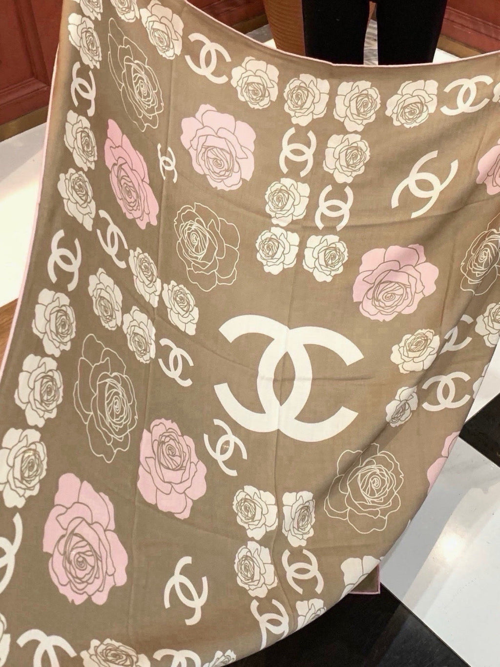 Chanel Style Camellia Velvet Scarf - Beige - Detail Image 7