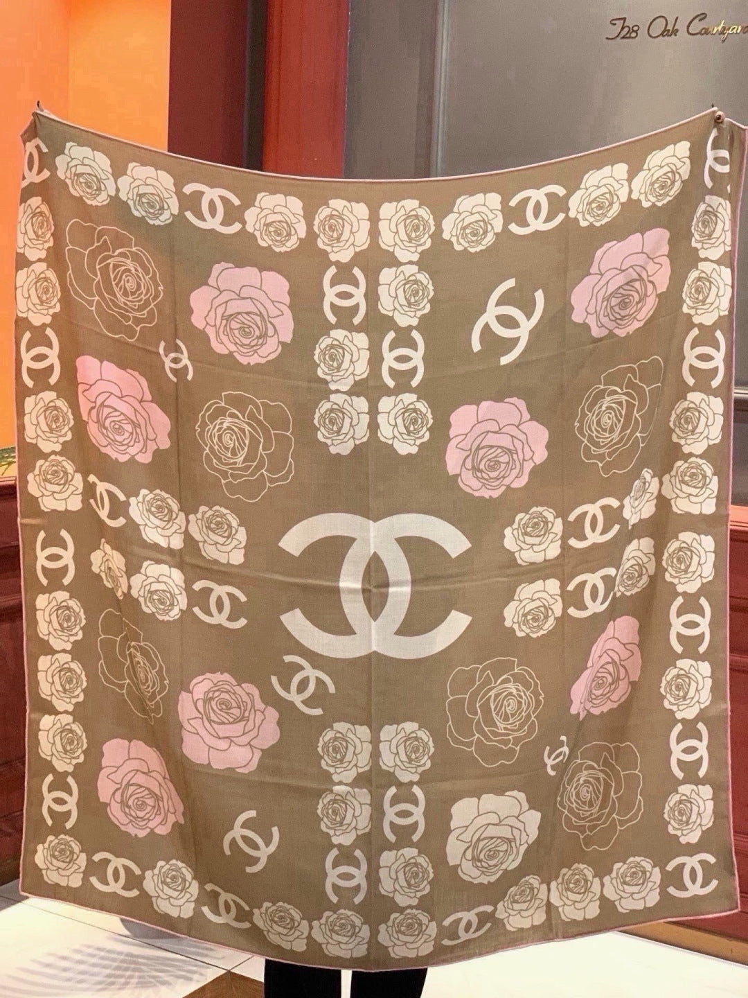 Chanel Style Camellia Velvet Scarf - Beige - Detail Image 8