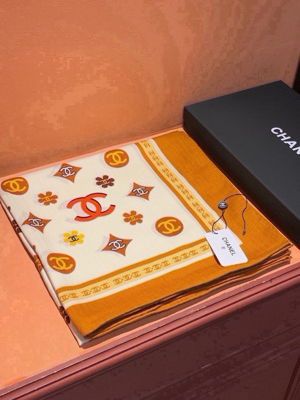 Chanel Style Logo Print Velvet Scarf - Ivory Orange - Detail Image 3