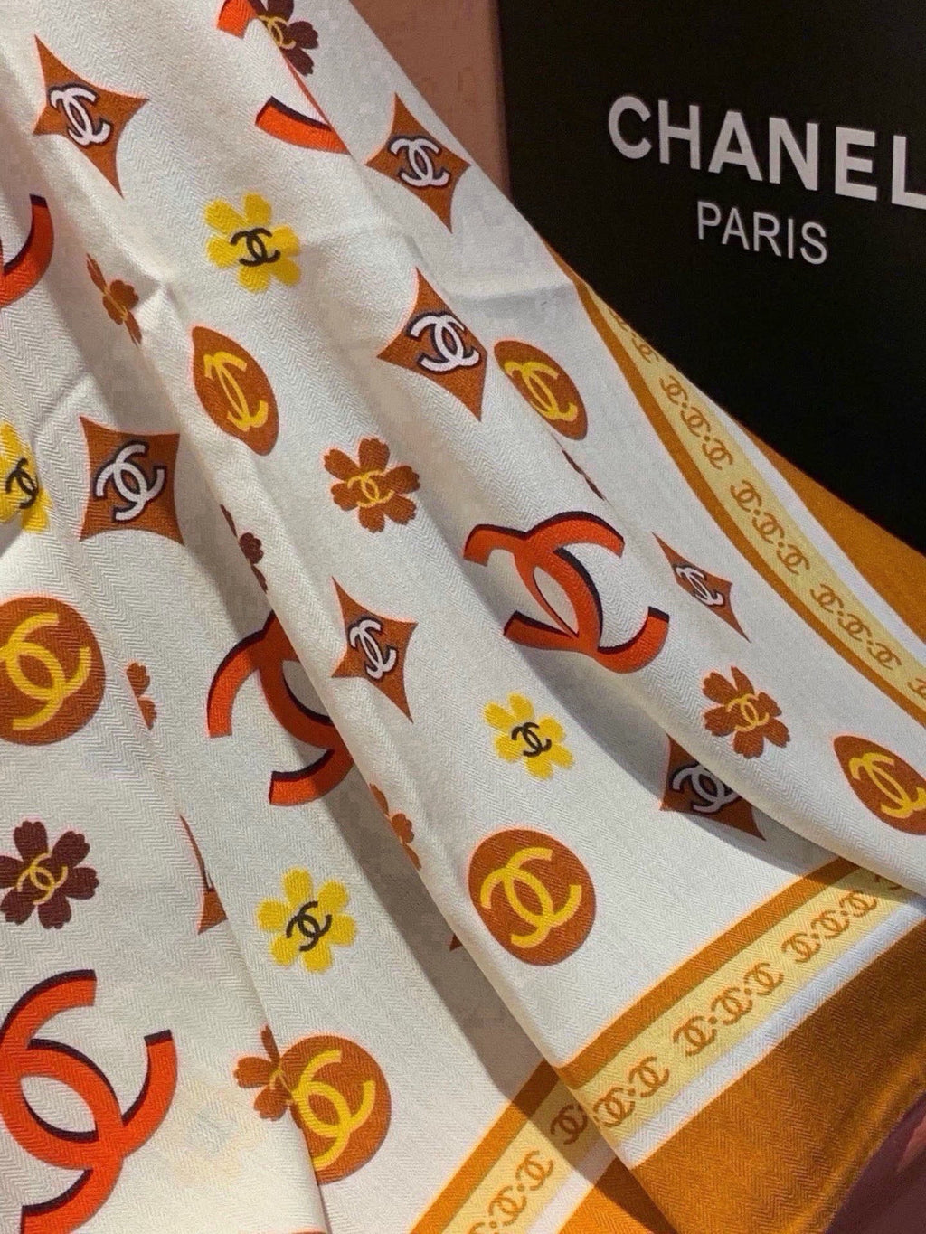 Chanel Style Logo Print Velvet Scarf - Ivory Orange - Detail Image 6