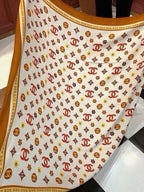 Chanel Style Logo Print Velvet Scarf - Ivory Orange - Detail Image 7