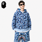 BAPE Big ABC Camo Double-Hood Shark Hoodie styled on a male model