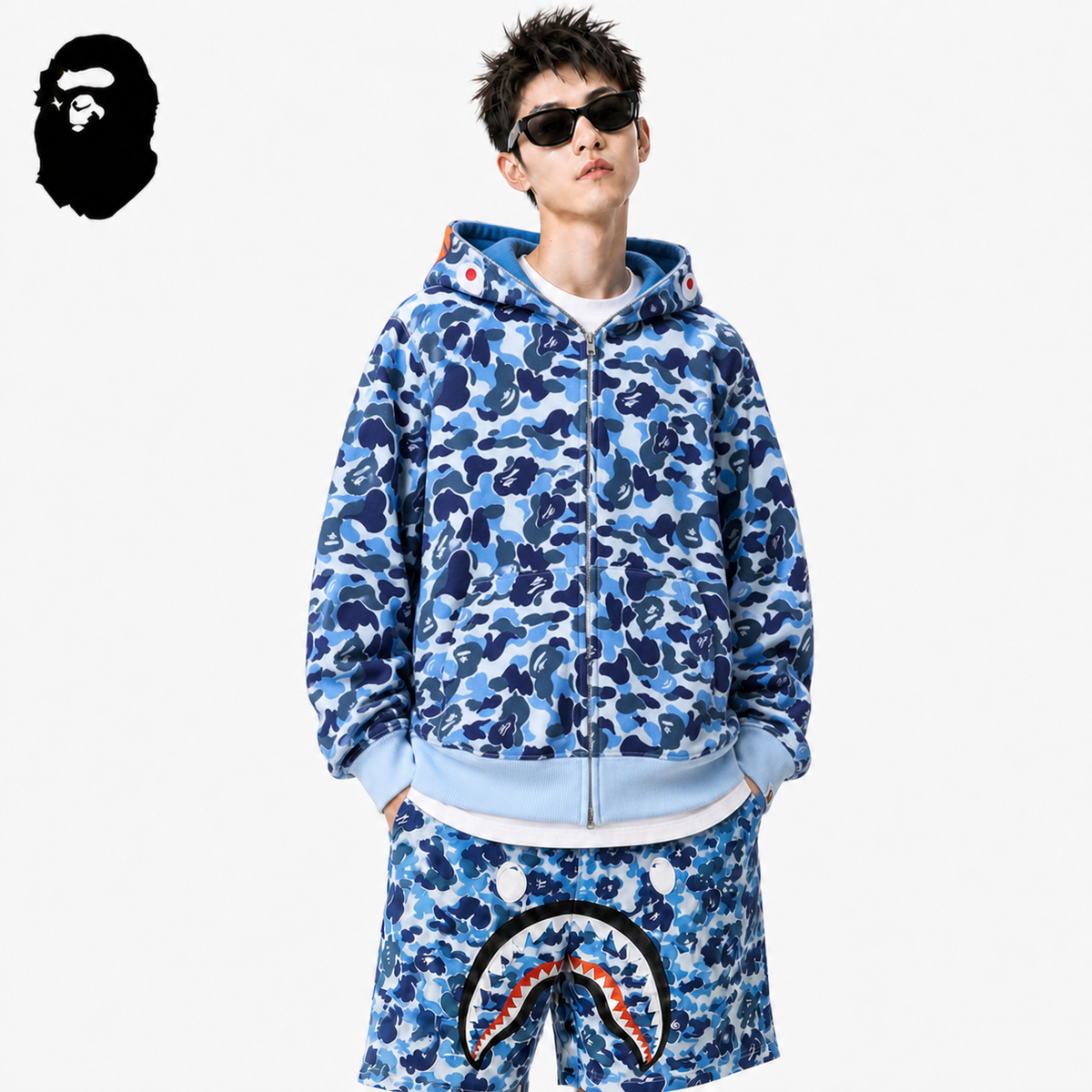 BAPE Big ABC Camo Double-Hood Shark Hoodie styled on a male model