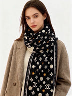 Chanel Style Logo Print Velvet Scarf - Black - Detail Image 2