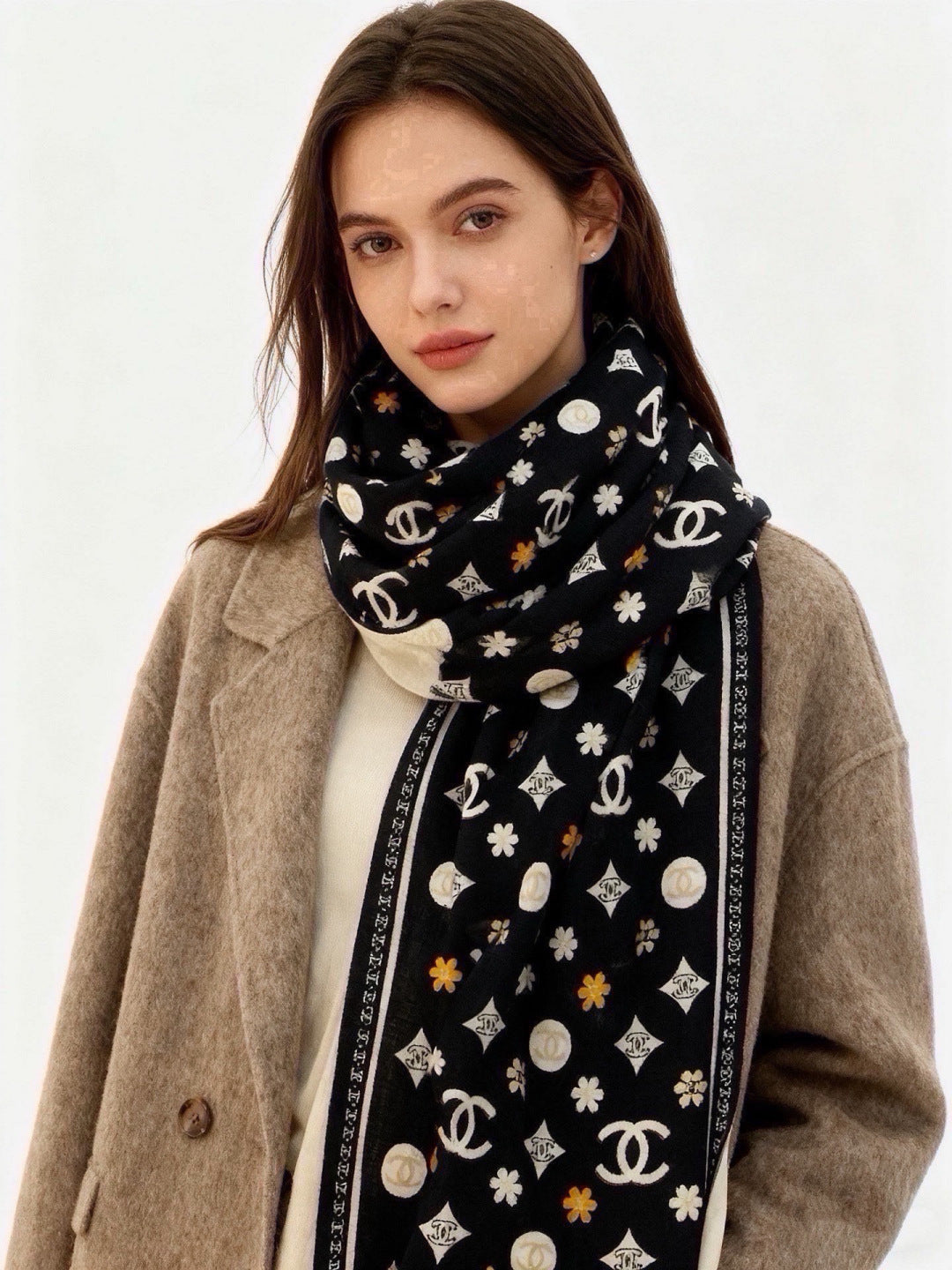 Chanel Style Logo Print Velvet Scarf - Black - Detail Image 2