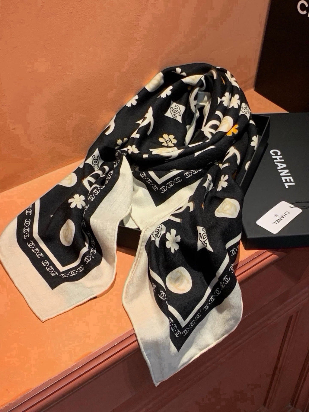 Chanel Style Logo Print Velvet Scarf - Black - Detail Image 4
