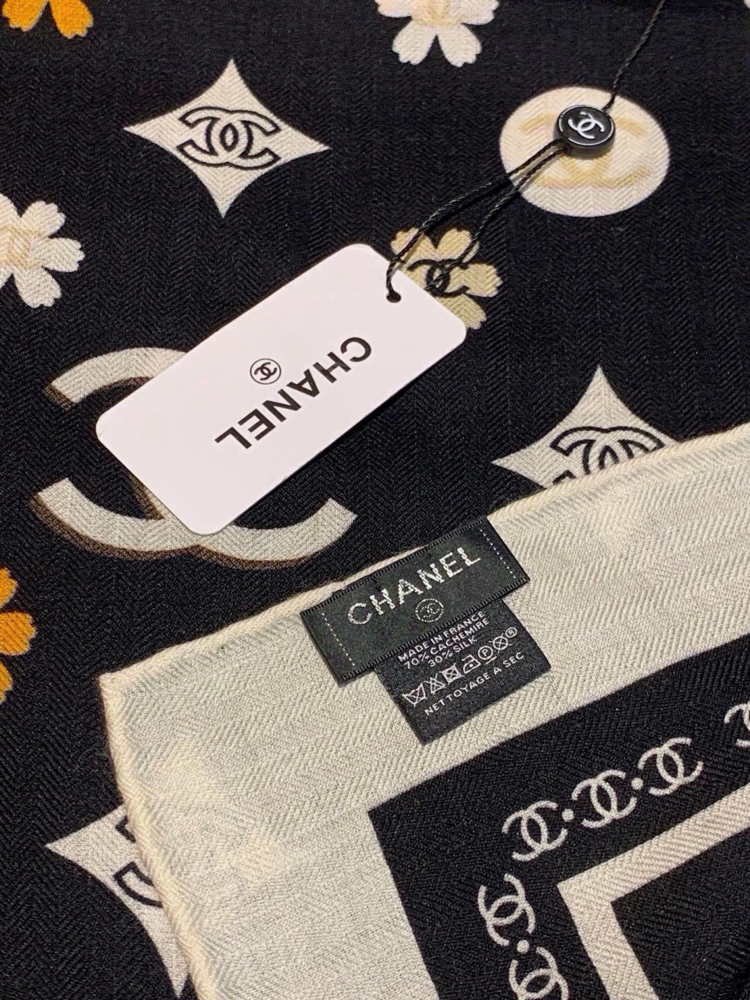 Chanel Style Logo Print Velvet Scarf - Black - Detail Image 5