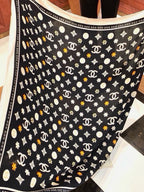 Chanel Style Logo Print Velvet Scarf - Black - Detail Image 7