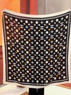 Chanel Style Logo Print Velvet Scarf - Black - Detail Image 8
