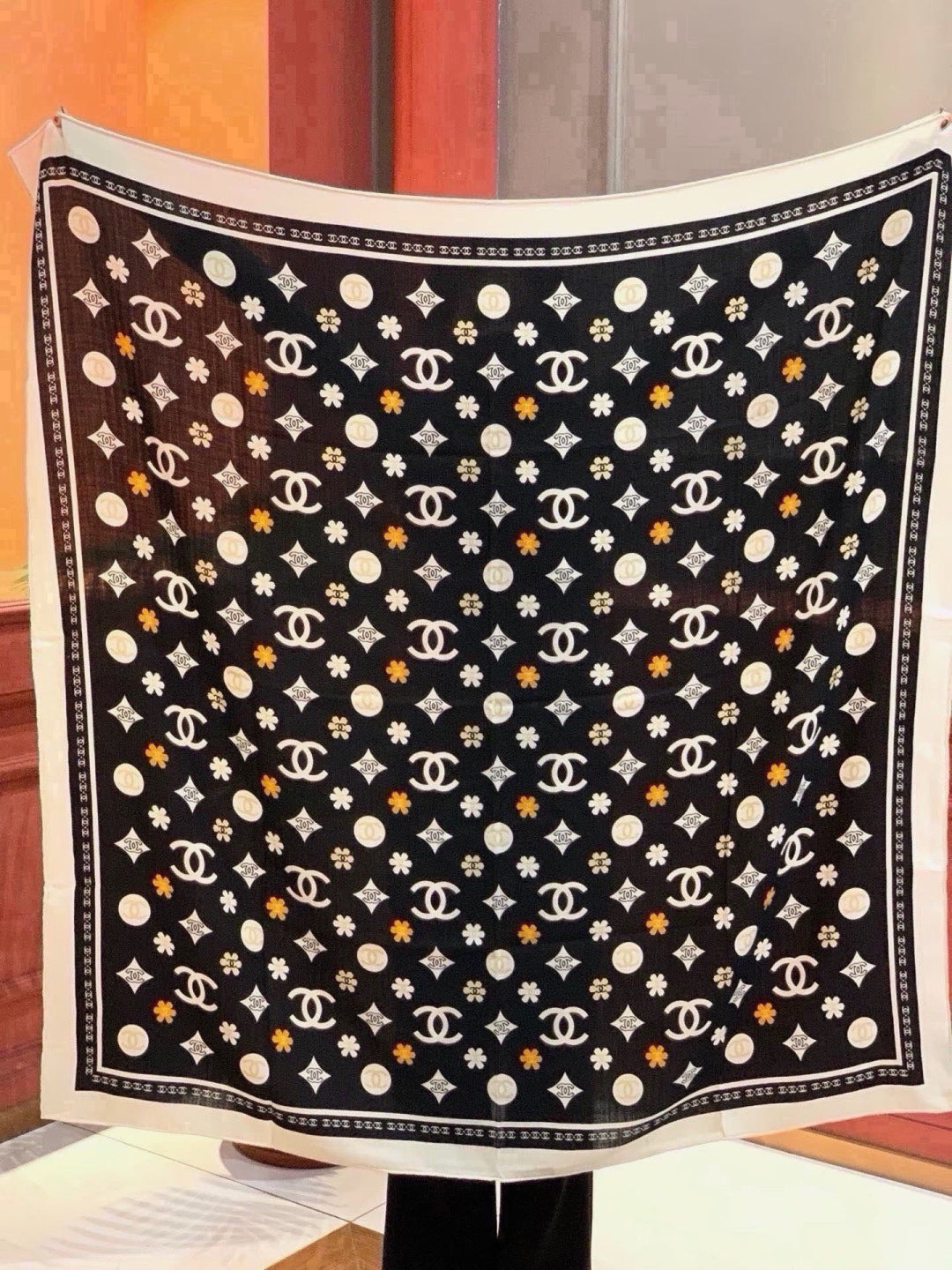 Chanel Style Logo Print Velvet Scarf - Black - Detail Image 8