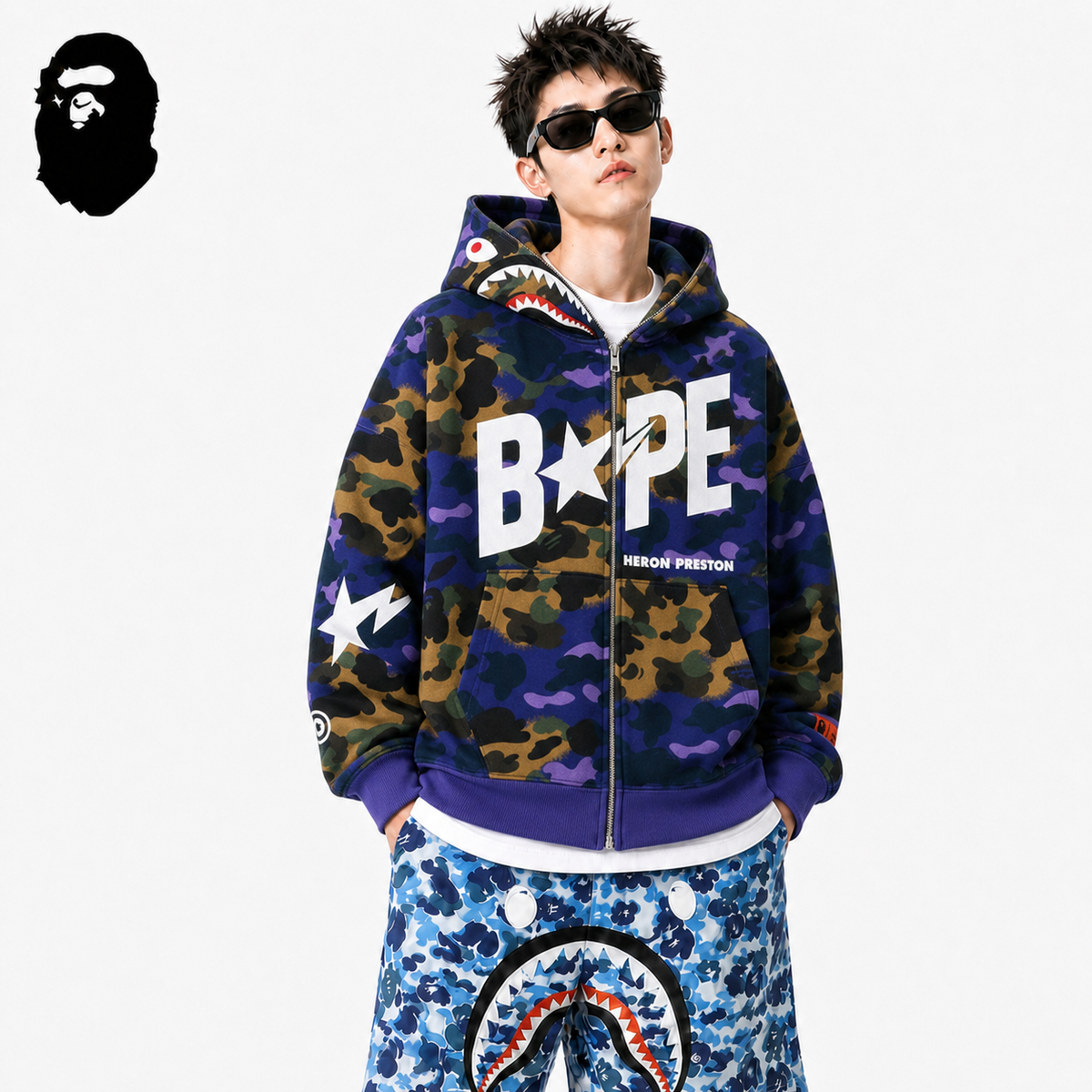 BAPE Star Camo Shark Zip Hoodie styled on a male model