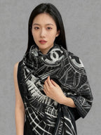 Chanel Style Grand Palais Cashmere Silk Shawl - Black White - Detail Image 2