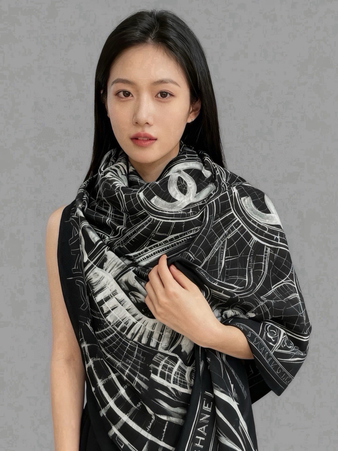 Chanel Style Grand Palais Cashmere Silk Shawl - Black White - Detail Image 2