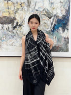 Chanel Style Grand Palais Cashmere Silk Shawl - Black White - Model Worn Main Image