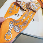 Hermes Style Harness Wreath Double-Sided Silk Twilly - Orange - Detail Image 6