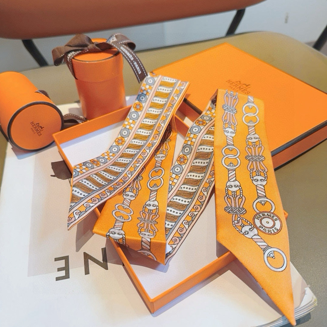 Hermes Style Harness Wreath Double-Sided Silk Twilly - Orange - Detail Image 7