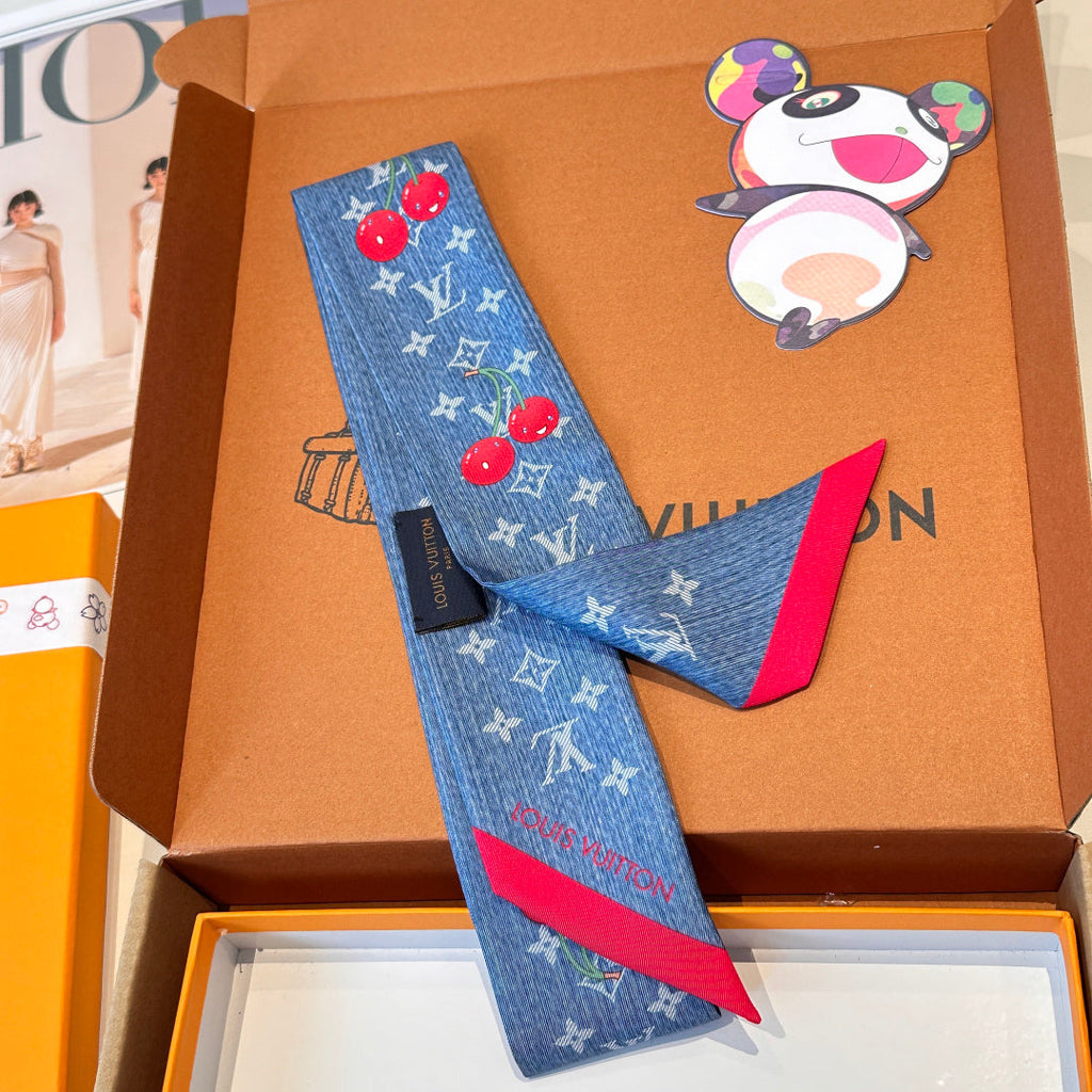 Louis Vuitton Style Murakami Cherry Silk Twilly - Blue - Detail Image 2