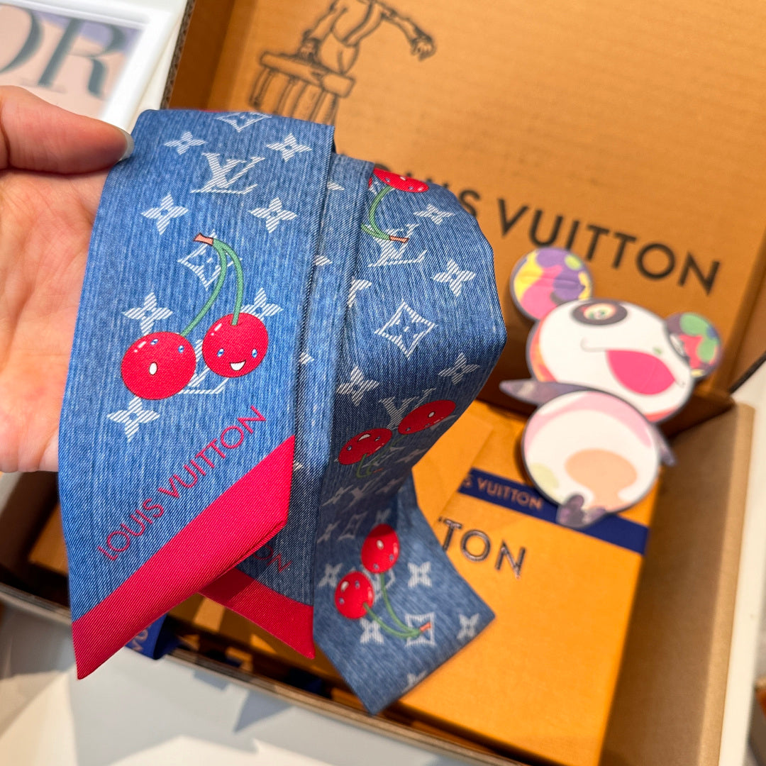 Louis Vuitton Style Murakami Cherry Silk Twilly - Blue - Detail Image 3