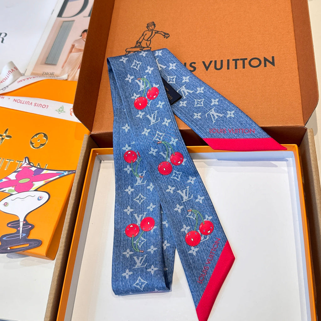 Louis Vuitton Style Murakami Cherry Silk Twilly - Blue - Detail Image 5