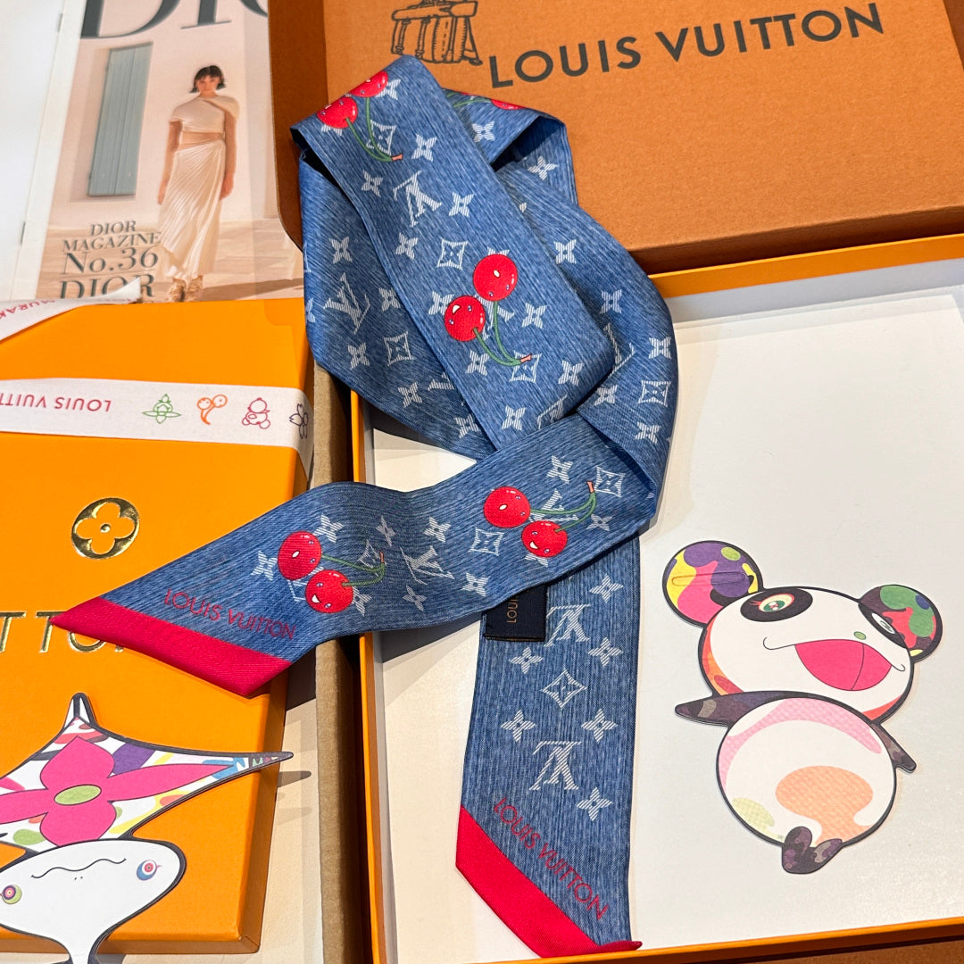 Louis Vuitton Style Murakami Cherry Silk Twilly - Blue - Detail Image 7