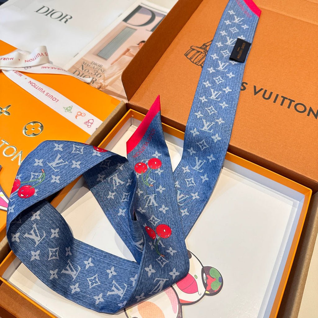 Louis Vuitton Style Murakami Cherry Silk Twilly - Blue - Detail Image 8