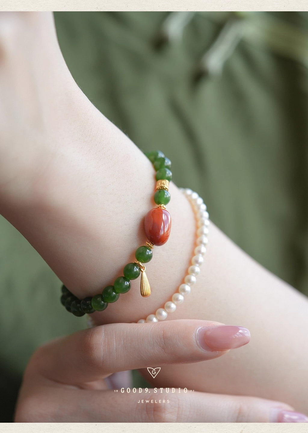 Hetian Jade Bi Bracelet - Spinach Green & Nanhong Agate Pandora