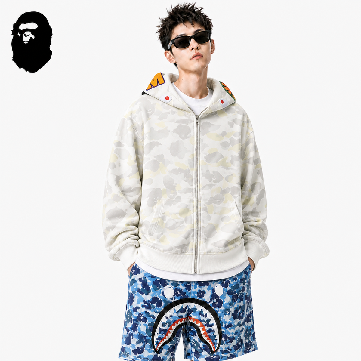 BAPE Glow Camo Wide Shark Full-Zip Hoodie styled on a male model